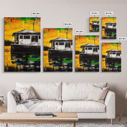 Houseboat Sunset, Coastal Painting, Warm Tones, Abstract Art, Framed Canvas Print, Living Room Wall Art, Waterfront Decor, Ocean Art