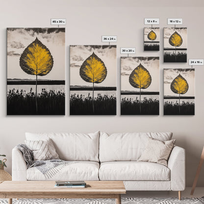 Golden Leaf, Minimalist Nature, Autumn Wall Art, Botanical Decor, Framed Canvas Print, Living Room Art, Black and White, Nature Print