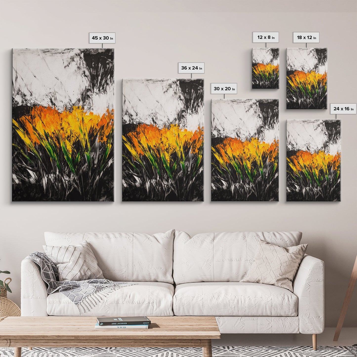 Fiery Wildflowers, Black White Abstract, Nature Art, Floral Painting, Contemporary Living Room Decor, Statement Piece, Canvas Print