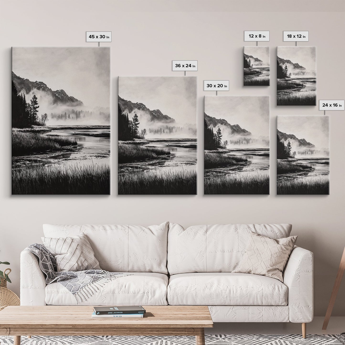 Foggy Forest, Monochrome Wall Art, Nature Landscape, Tranquil Painting, Living Room Decor, Rustic Style, Framed Canvas Print