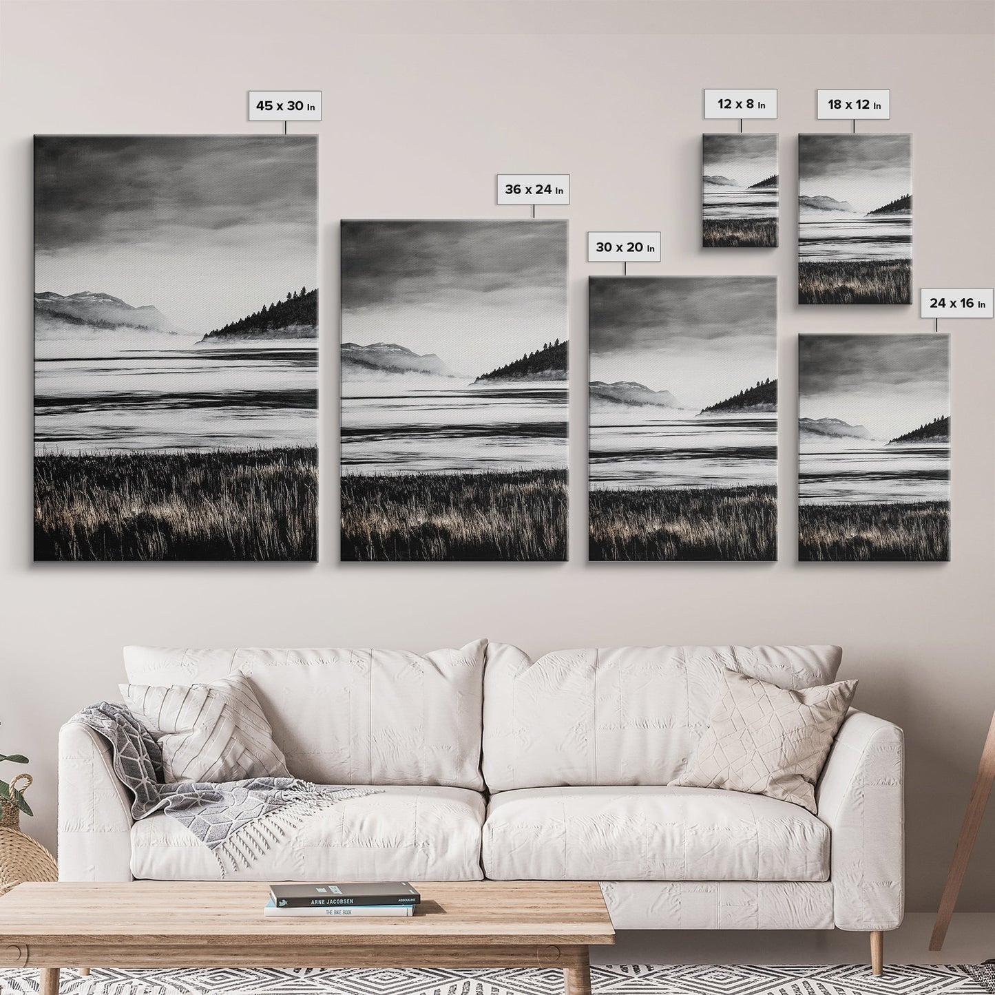 Serene Lake, Black and White Artwork, Misty Mountains, Nature Decor, Minimalist Landscape, Home Office Art, Canvas Print