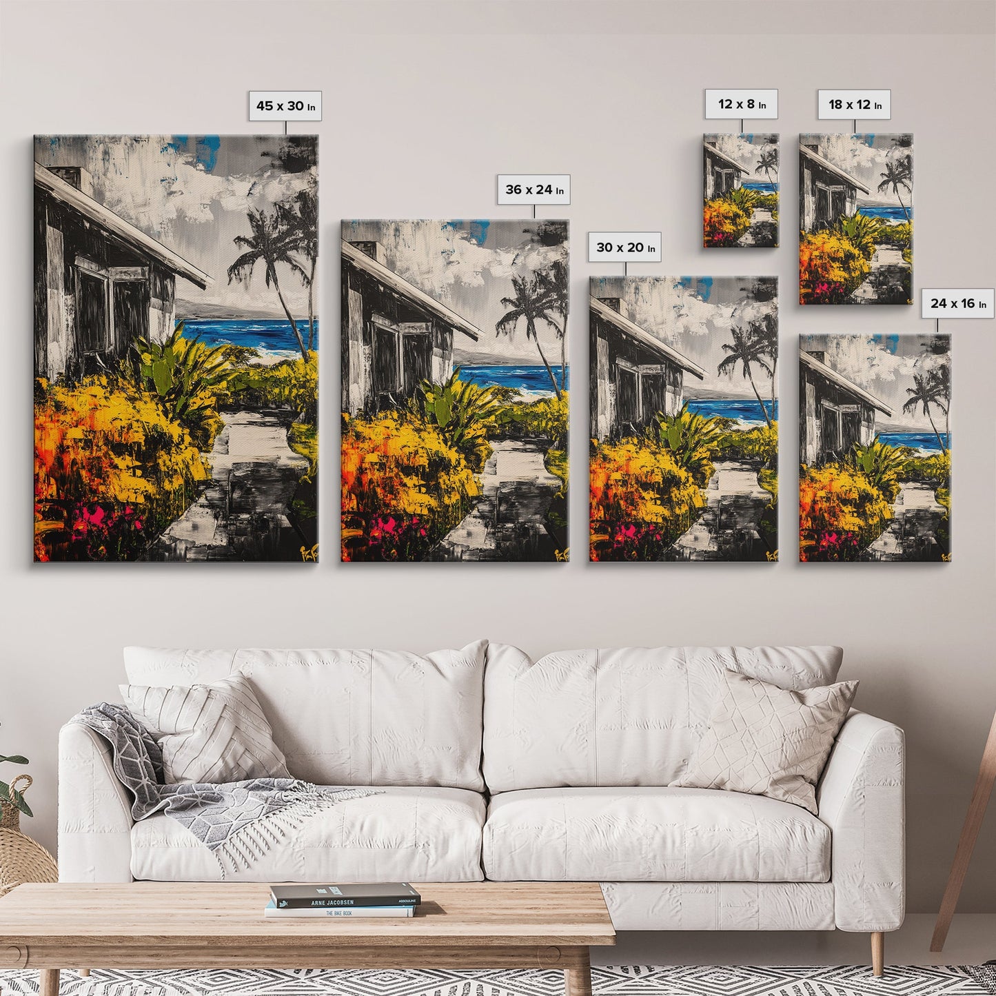 Beach House Path, Black White Coastal Art, Yellow Green Foliage, Tropical Landscape, Ocean Wall Decor, Beach Home, Framed Canvas Print