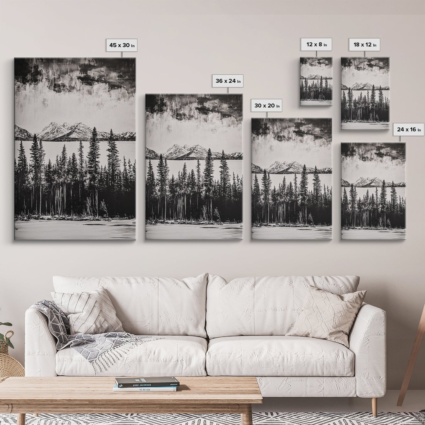 Mountain Serenity, Black and White Landscape, Nature Art, Tranquil Home Decor, Minimalist Painting, Office Artwork, Framed Canvas Print