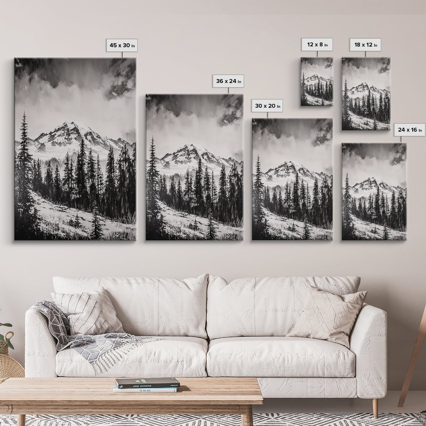 Snowy Peak, Mountain Landscape, Monochrome Art, Winter Wall Art, Nature Inspired, Rustic Wall Decor, Large Wall Art, Framed Canvas Print
