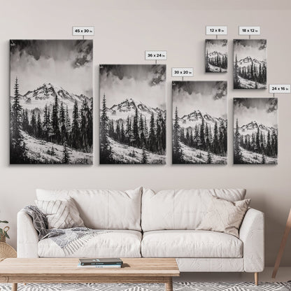 Snowy Peak, Mountain Landscape, Monochrome Art, Winter Wall Art, Nature Inspired, Rustic Wall Decor, Large Wall Art, Framed Canvas Print