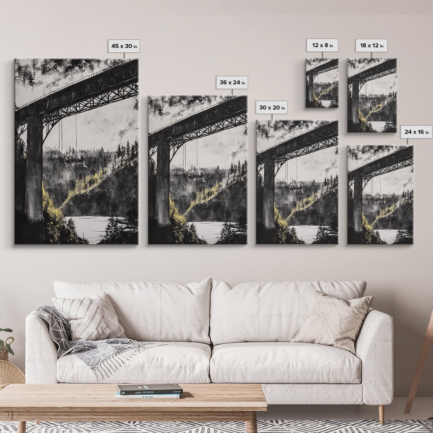 Steel Bridge, Industrial Wall Art, Black and White Landscape, Cityscape Art, Rustic Metal, Loft Style, Office Wall Art, Framed Canvas Print