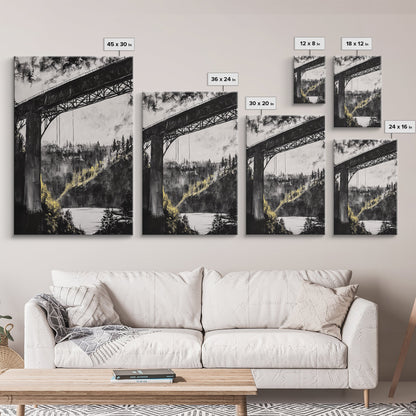 Steel Bridge, Industrial Wall Art, Black and White Landscape, Cityscape Art, Rustic Metal, Loft Style, Office Wall Art, Framed Canvas Print