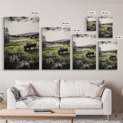 Grazing Bison, Wildlife Art, Rustic Home Decor, Nature Inspired, Western Landscape, Monochrome Art, Cabin Wall Art, Framed Canvas Print