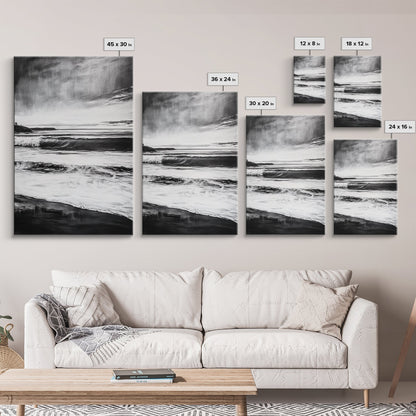 Black and White Waves, Ocean Painting, Dramatic Coastline, Minimalist Art, Framed Canvas Print, Modern Seascape, Contemporary Wall Art