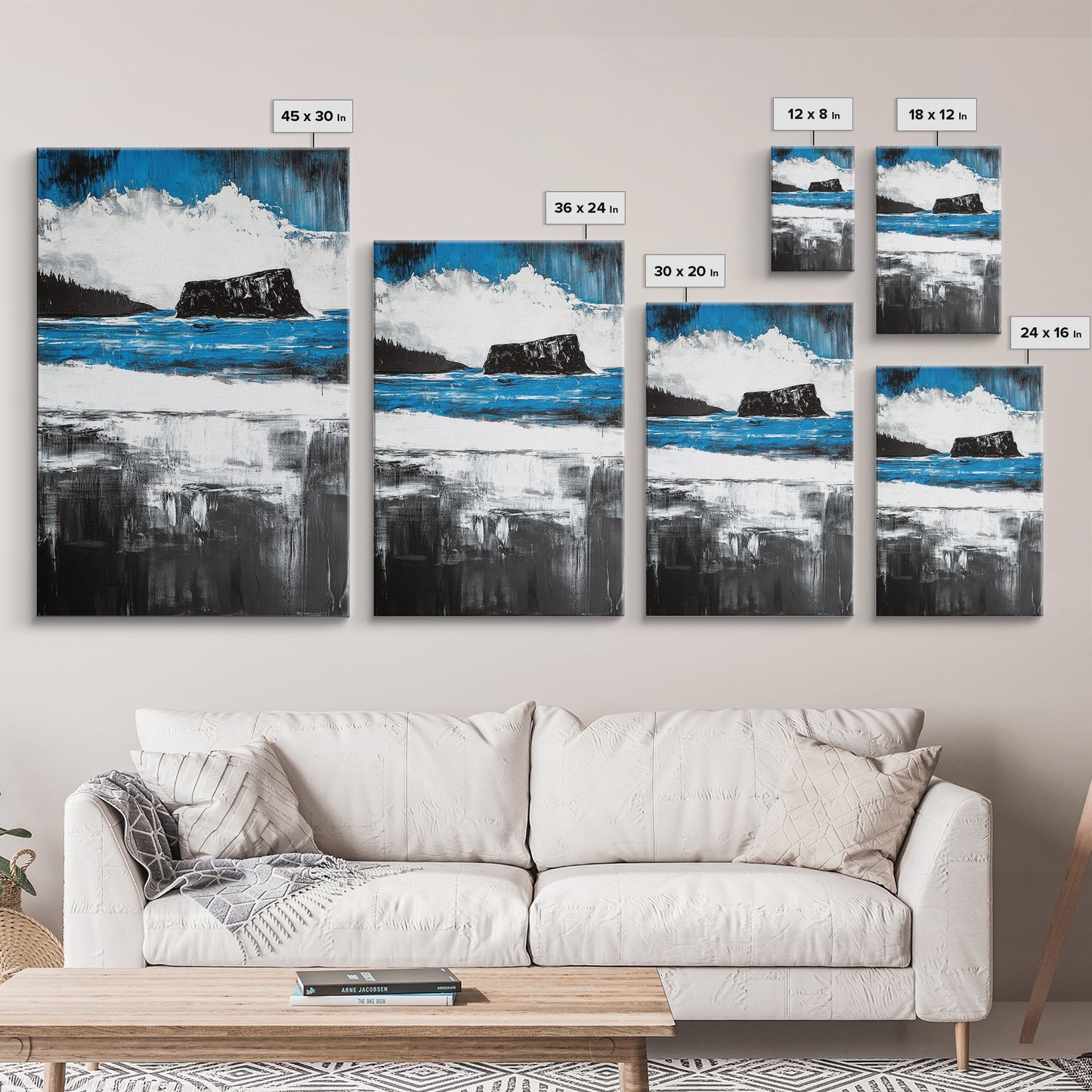 Ocean Cliff Seascape, Moody Coastal Art, Black White Blue Water, Modern Minimalist Wall Decor, Nautical Home Gift, Framed Canvas Print