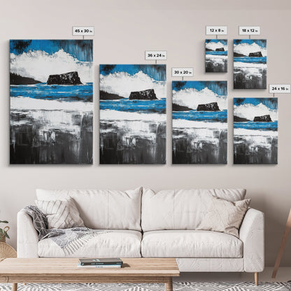 Ocean Cliff Seascape, Moody Coastal Art, Black White Blue Water, Modern Minimalist Wall Decor, Nautical Home Gift, Framed Canvas Print