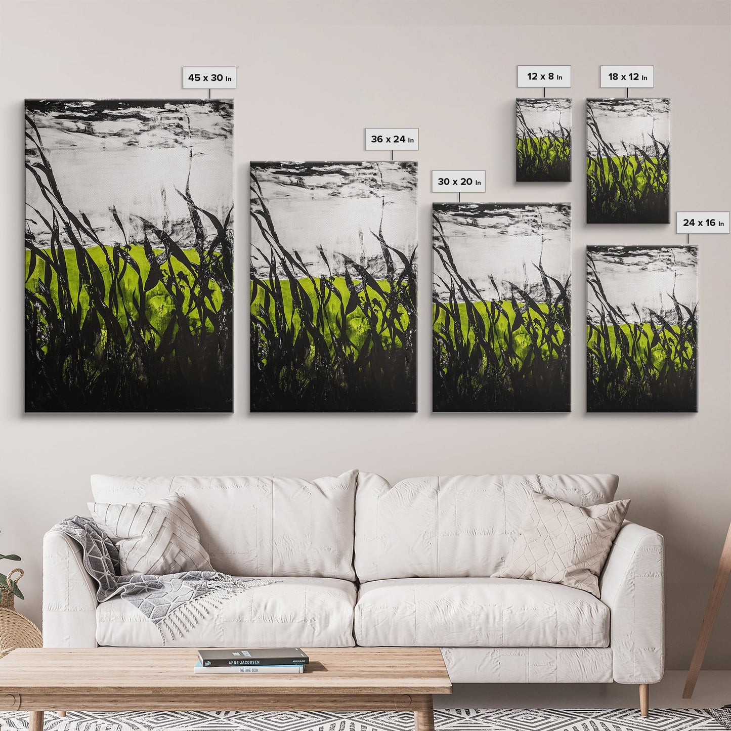 Minimalist Grass Field, Black White Green Nature Art, Abstract Farmhouse Wall Decor, Modern Simple Landscape, Framed Canvas Print
