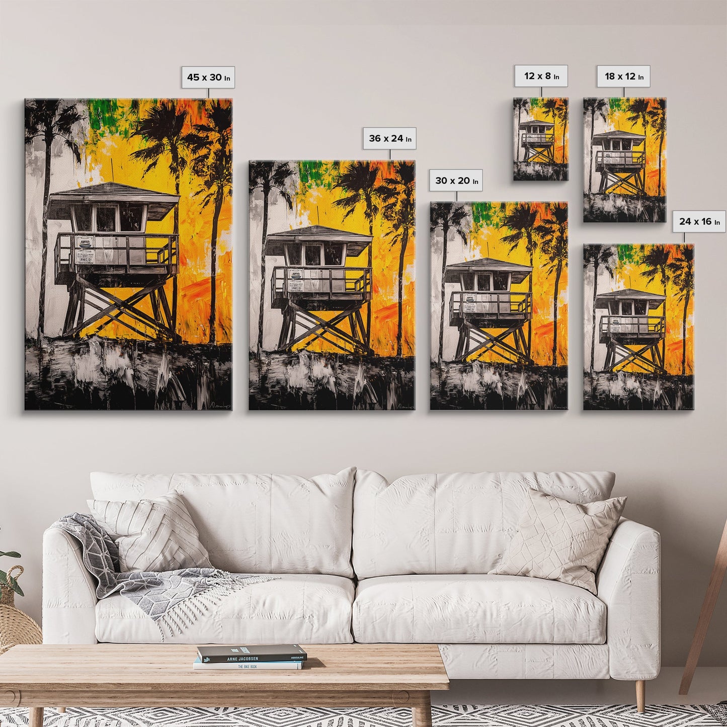 Lifeguard Tower, Beach House Art, Tropical Wall Art, Coastal Sunset, Vibrant Palm Trees, California Decor, Canvas Print, Living Room