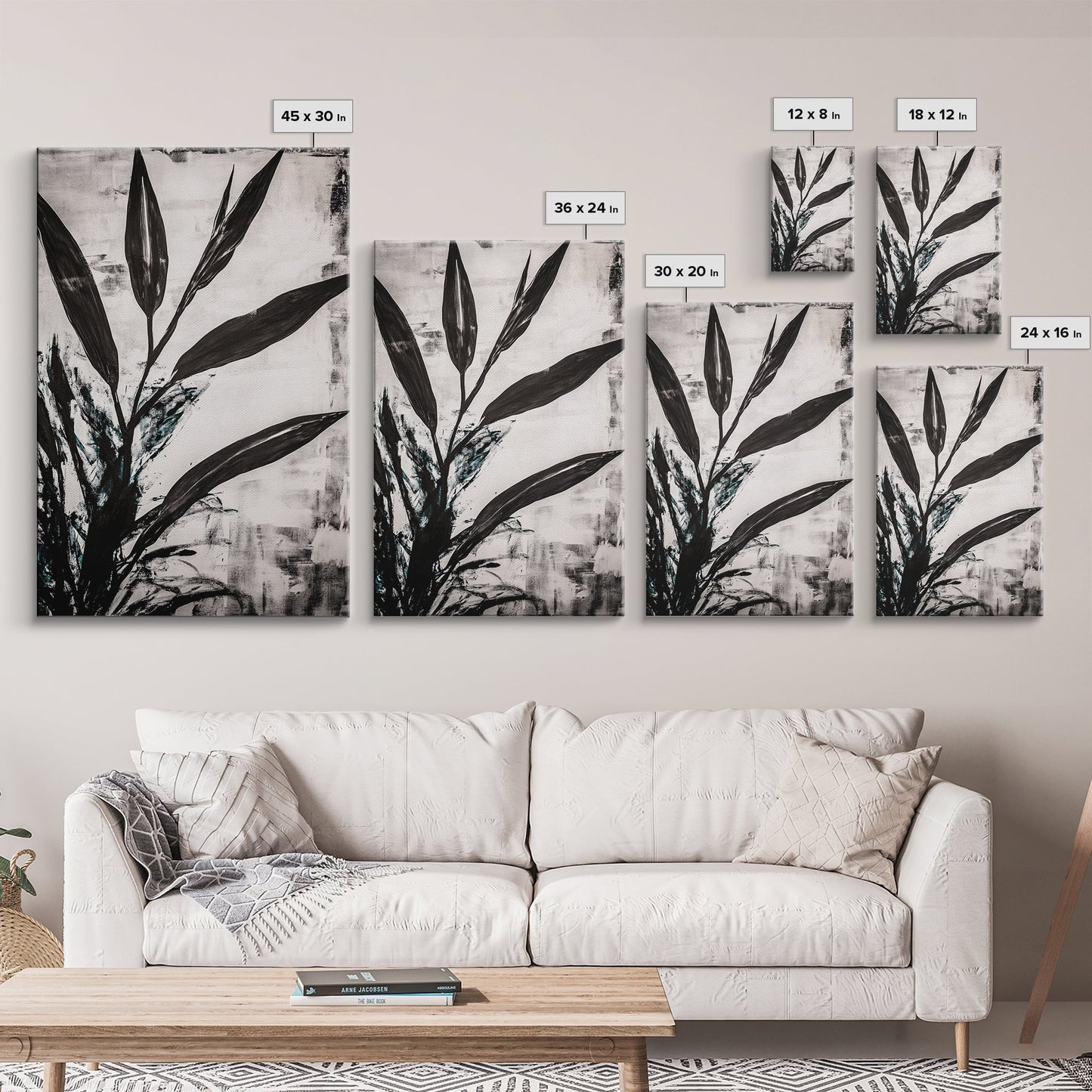 Minimalist Leaves, Monochrome Plant Art, Botanical Wall Decor, Neutral Home Art, Black and White Nature, Framed Canvas Print, Gift Idea