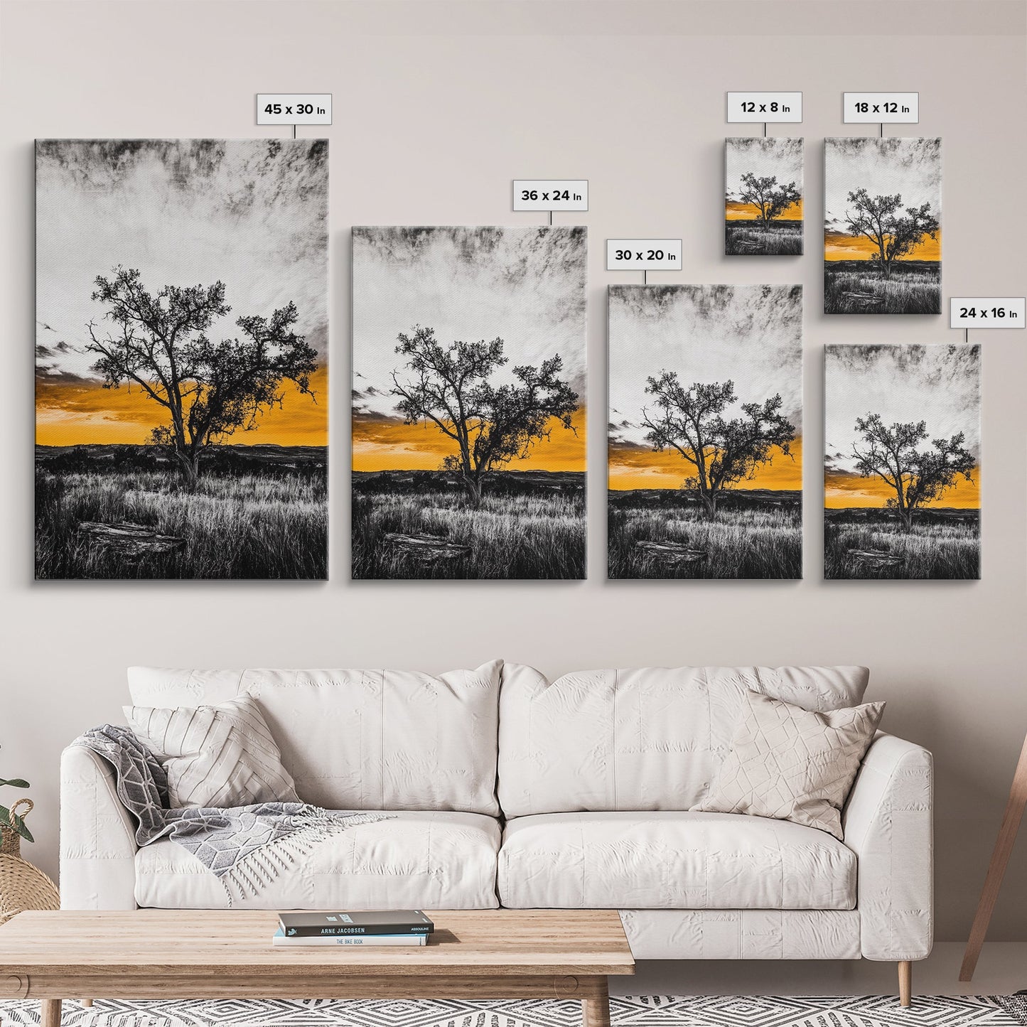 Lone Tree Sunset, dramatic landscape print, fall sunset art, rustic countryside decor, warm autumn painting, framed canvas print, hallway