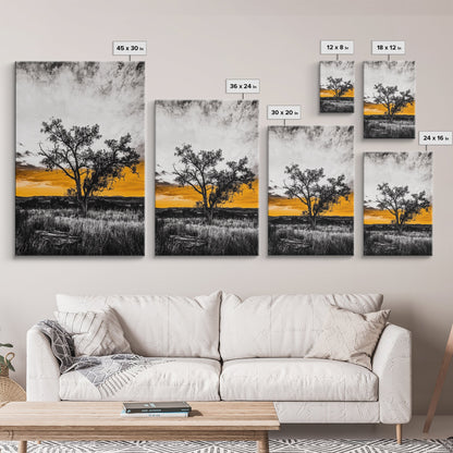 Lone Tree Sunset, dramatic landscape print, fall sunset art, rustic countryside decor, warm autumn painting, framed canvas print, hallway