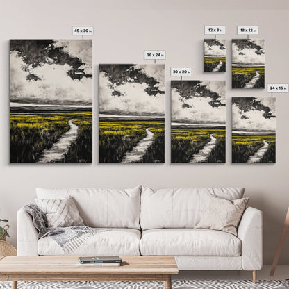Field Pathway, dreamy landscape painting, country road art, scenic nature wall decor, calming yellow tones, framed canvas print, entryway