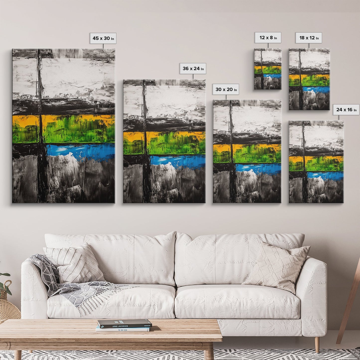 Geometric Landscape, Textured Canvas Print, Bold Wall Art, Modern Home Decor, Minimalist Artwork, Yellow Green Blue Painting