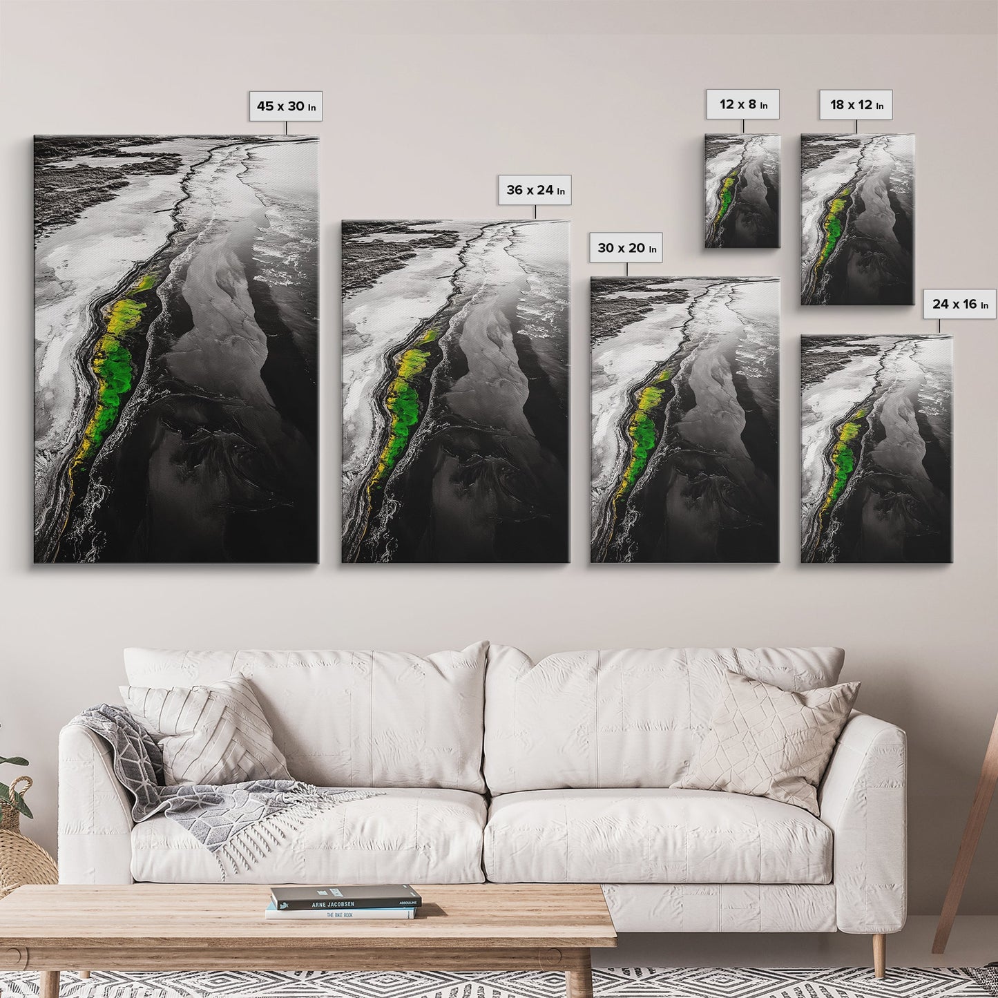 Abstract River, Nature Landscape, Modern Wall Art, Monochrome Print, Green Accents, Contemporary Art, Framed Canvas Print, Office Wall Decor