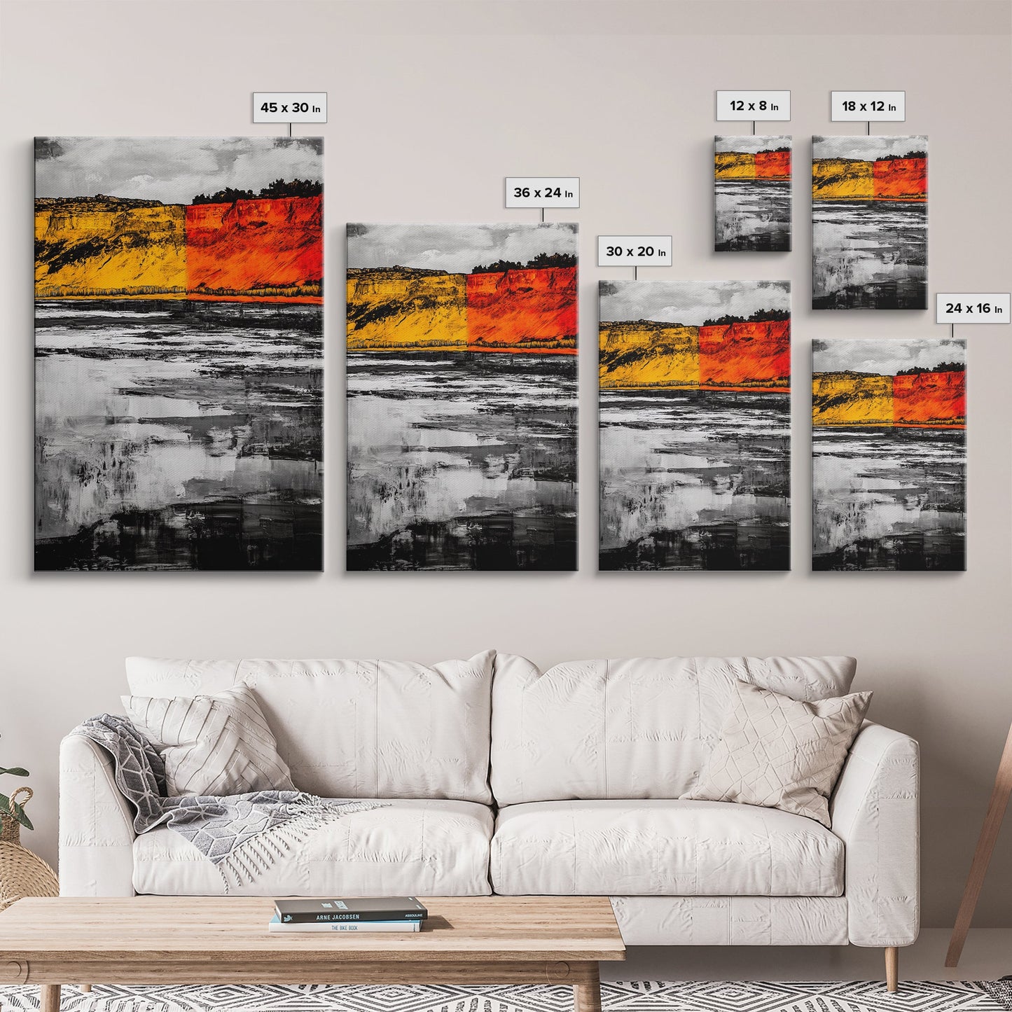 Autumn Cliffs, Seasonal Landscape, Fall Wall Art, Rustic Nature Print, Bold Orange and Yellow, Framed Canvas Print, Living Room Decor