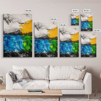 Abstract Landscape, Blue and Yellow Modern Painting, Minimalist Nature Art, Framed Canvas Print, Living Room or Office Wall Decor