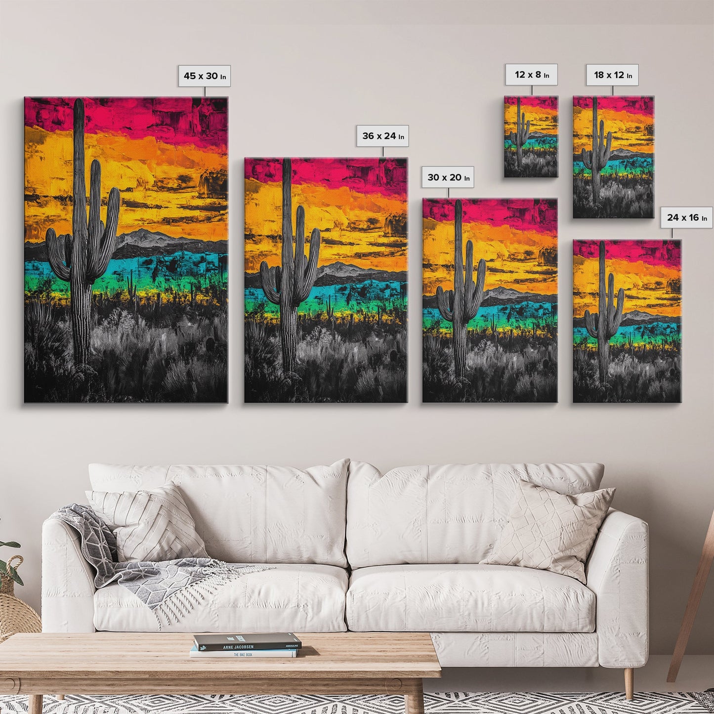 Desert Cactus, Vibrant Sunset Southwest Painting, Bold Desert Art, Framed Canvas Print, Western Home or Office Wall Decor