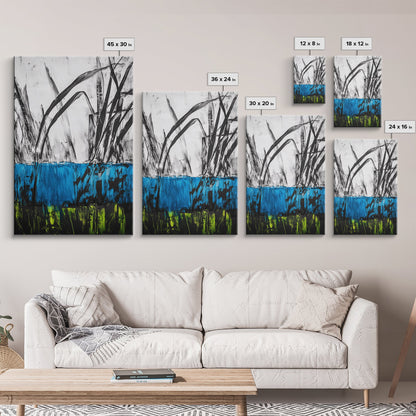 Abstract Grass, Blue and Green Art, Nature Inspired Wall Art, Minimalist Decor, Textured Canvas Print, Living Room Wall Art