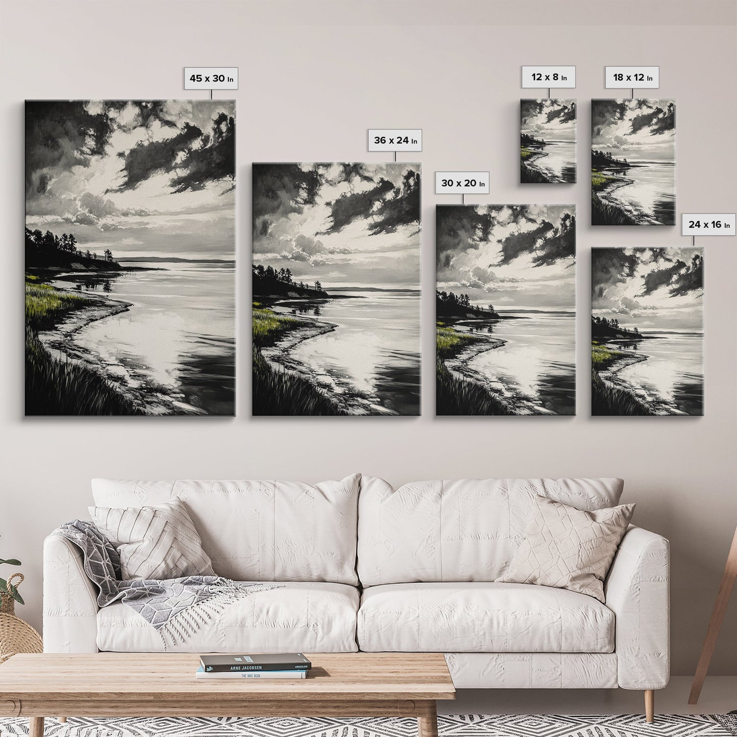 Moody Landscape, Black and White Art, Dramatic Sky, Coastal Scene, Nature Painting, Modern Home Decor, Minimalist Style, Framed Canvas Print