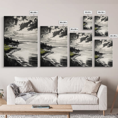Moody Landscape, Black and White Art, Dramatic Sky, Coastal Scene, Nature Painting, Modern Home Decor, Minimalist Style, Framed Canvas Print
