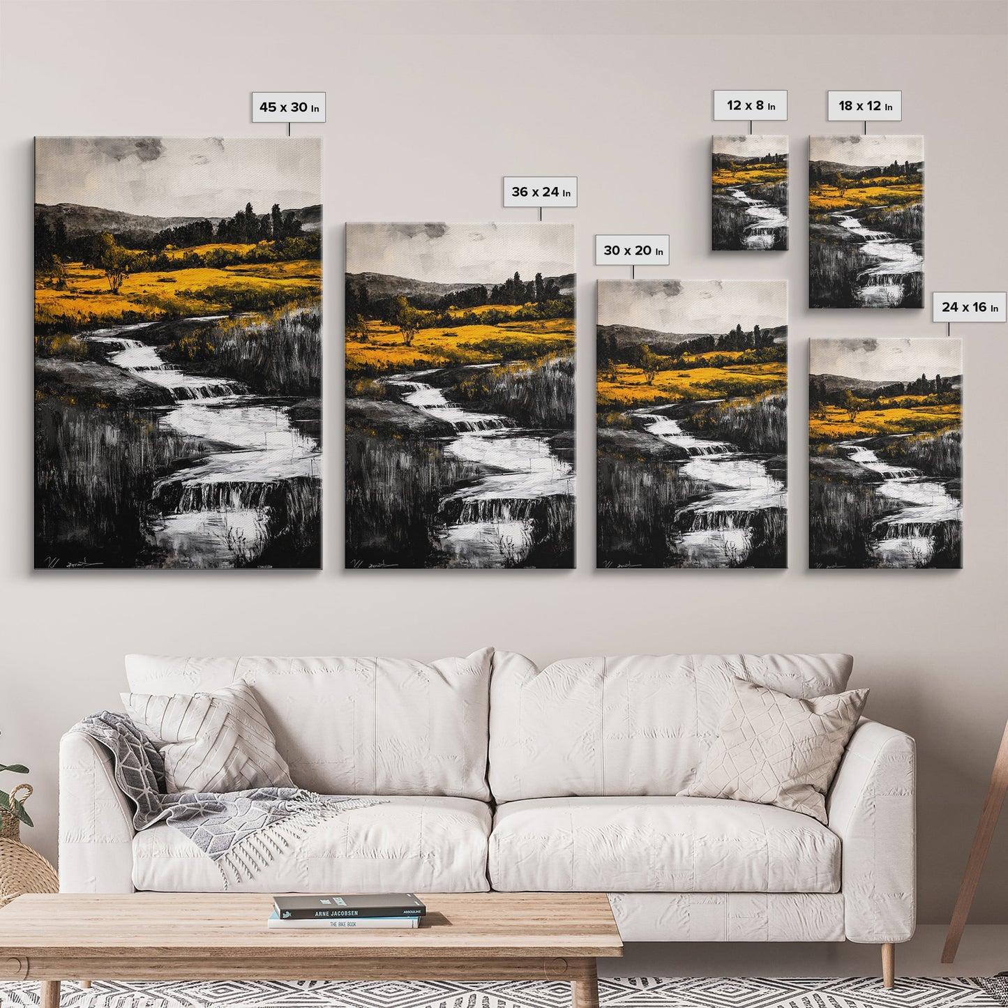 Golden Meadow, Nature Landscape, Rustic Wall Art, Framed Canvas Print, Country Farmhouse Decor, Waterfall Painting, Fall Vibes