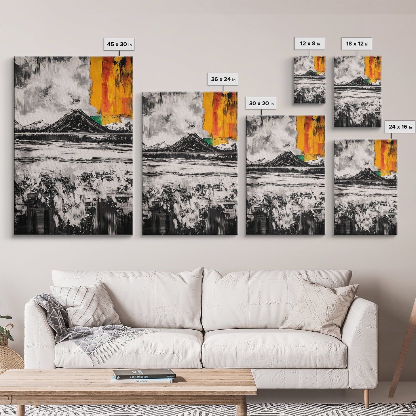 Volcano Landscape, Abstract Nature Art, Bold Modern Painting, Framed Canvas Print, Monochrome Mountains, Adventure Wall Decor