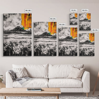 Volcano Landscape, Abstract Nature Art, Bold Modern Painting, Framed Canvas Print, Monochrome Mountains, Adventure Wall Decor
