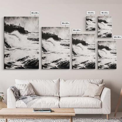 Ocean Waves, Seascape Painting, Framed Canvas Print, Beach House Decor, Nautical Wall Art, Black and White Art, Coastal Living Room