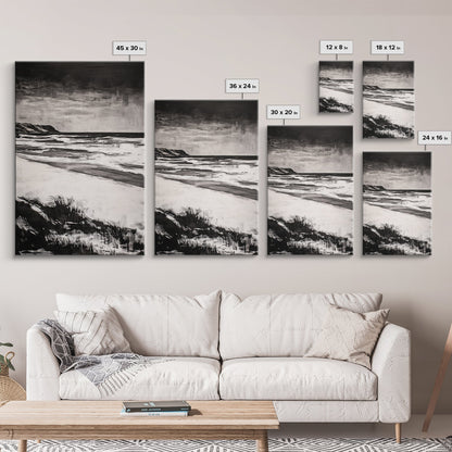 Black and White Beach, Stormy Ocean, Dramatic Seascape, Moody Wall Art, Framed Canvas Print, Minimalist Decor, Coastal Storm