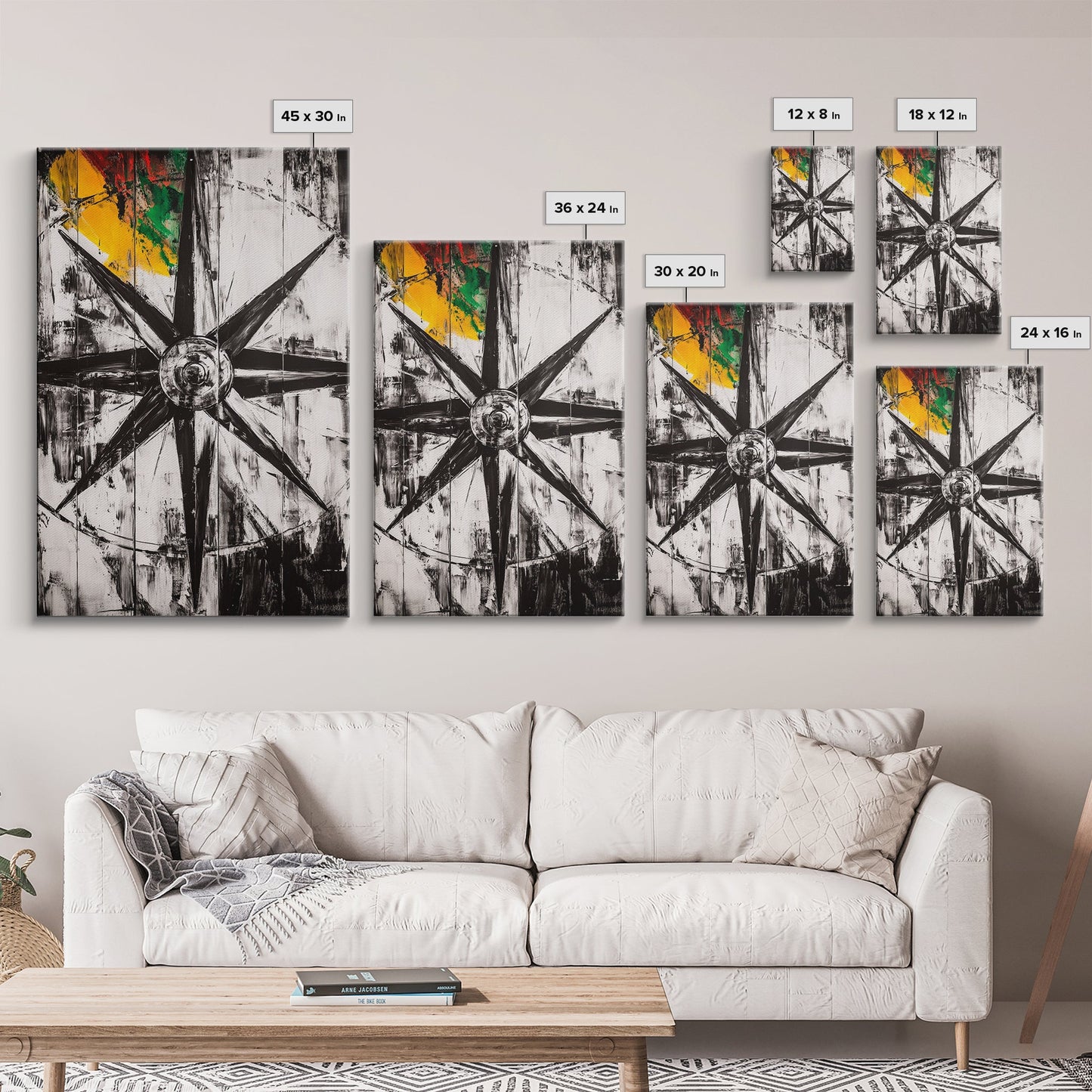 Kompassrose, nautisches Symbol, abstraktes Design, Leinwanddruck, Schwarz-Weiß-Kunst, Küsten-Wanddekoration, moderne minimalistische Kunst