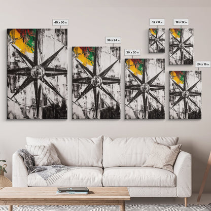 Kompassrose, nautisches Symbol, abstraktes Design, Leinwanddruck, Schwarz-Weiß-Kunst, Küsten-Wanddekoration, moderne minimalistische Kunst