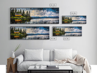 Cabin on the Lake, Peaceful Landscape, Nature Lover Art, Framed Canvas Print, Mountain View, Serene Wall Decor, Scenic Painting