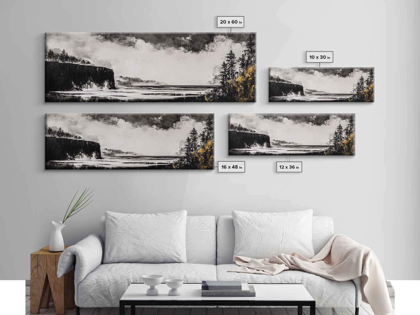 Steilküste, dramatisches Meerespanorama, stimmungsvolle Küste, monochrom, gerahmter Leinwanddruck, Küsten-Wandkunst, nautische Dekoration, großes Wandbild