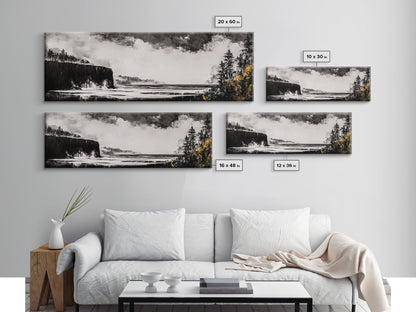 Steilküste, dramatisches Meerespanorama, stimmungsvolle Küste, monochrom, gerahmter Leinwanddruck, Küsten-Wandkunst, nautische Dekoration, großes Wandbild