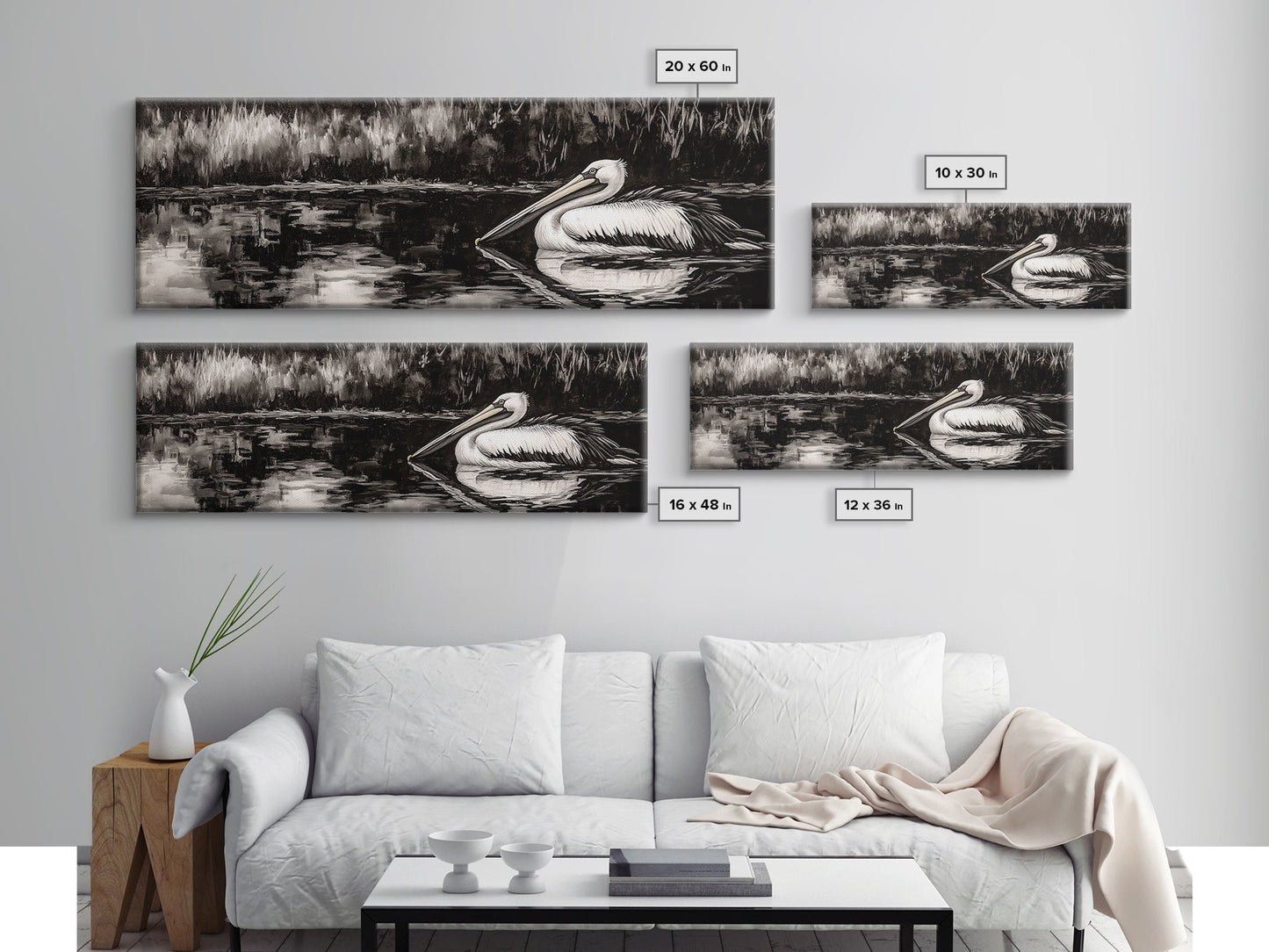 Pelican Reflection, Black White, Wildlife Art, Canvas Print, Nature Wall Art, Coastal Home Decor, Bird Lovers Gift, Monochrome Photography