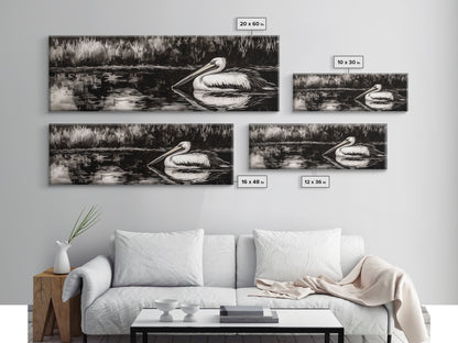 Pelican Reflection, Black White, Wildlife Art, Canvas Print, Nature Wall Art, Coastal Home Decor, Bird Lovers Gift, Monochrome Photography