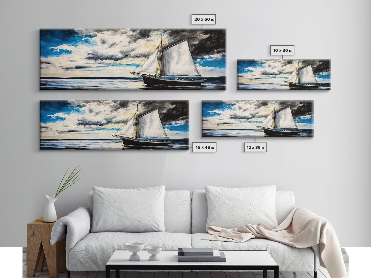 Sailing Boat, Ocean Art, Framed Canvas Print, Nautical Wall Art, Coastal Decor, Blue Sky Painting, Large Wall Art, Office Decor