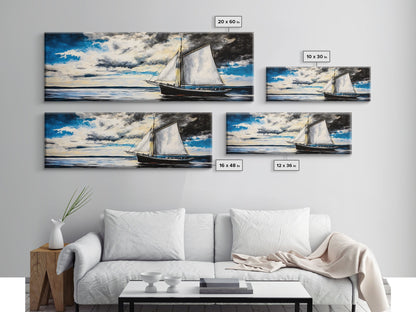 Sailing Boat, Ocean Art, Framed Canvas Print, Nautical Wall Art, Coastal Decor, Blue Sky Painting, Large Wall Art, Office Decor