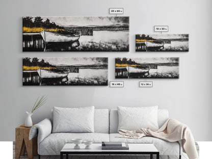 Rustic Boat, Black and White, Nautical Wall Art, Coastal Home Decor, Lake House Art, Large Wall Art, Framed Canvas Print, Living Room Art