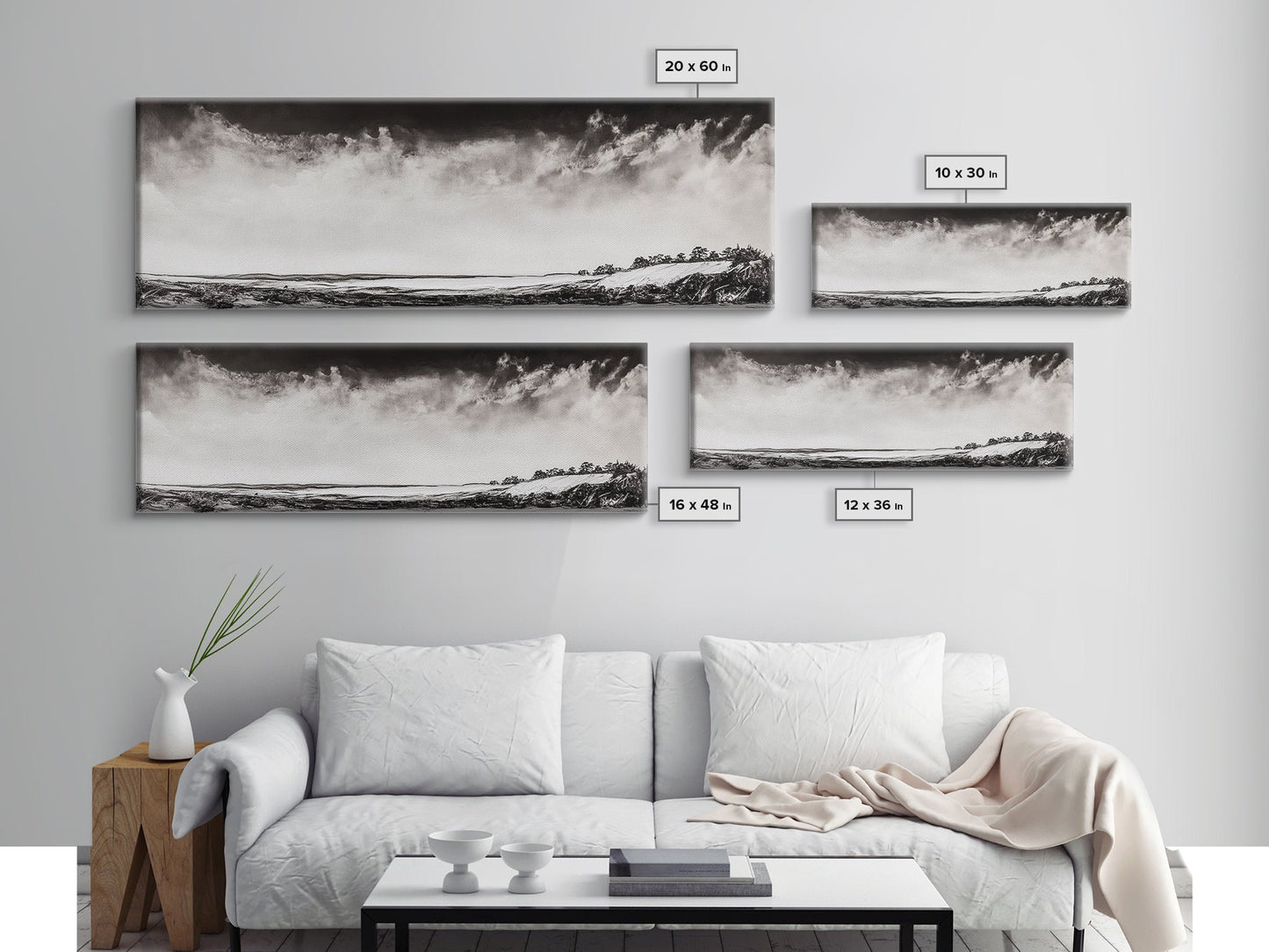 Minimalist Landscape, Black and White Art, Cloudy Sky, Framed Canvas Print, Modern Wall Art, Neutral Home Decor, Monochrome Landscape