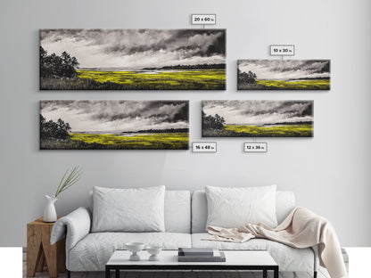 Marshland Storm, Nature Landscape, Canvas Print, Black and White Wall Art, Moody Home Decor, Living Room Artwork, Dramatic Painting, Rustic Style