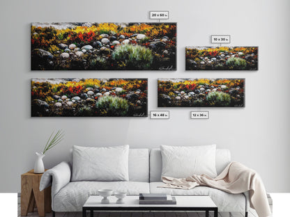 Rocky Shoreline, Wildflowers, Coastal Landscape, Framed Canvas Print, Autumn Beach Scene, Rustic Nature Painting, Entryway Wall Art