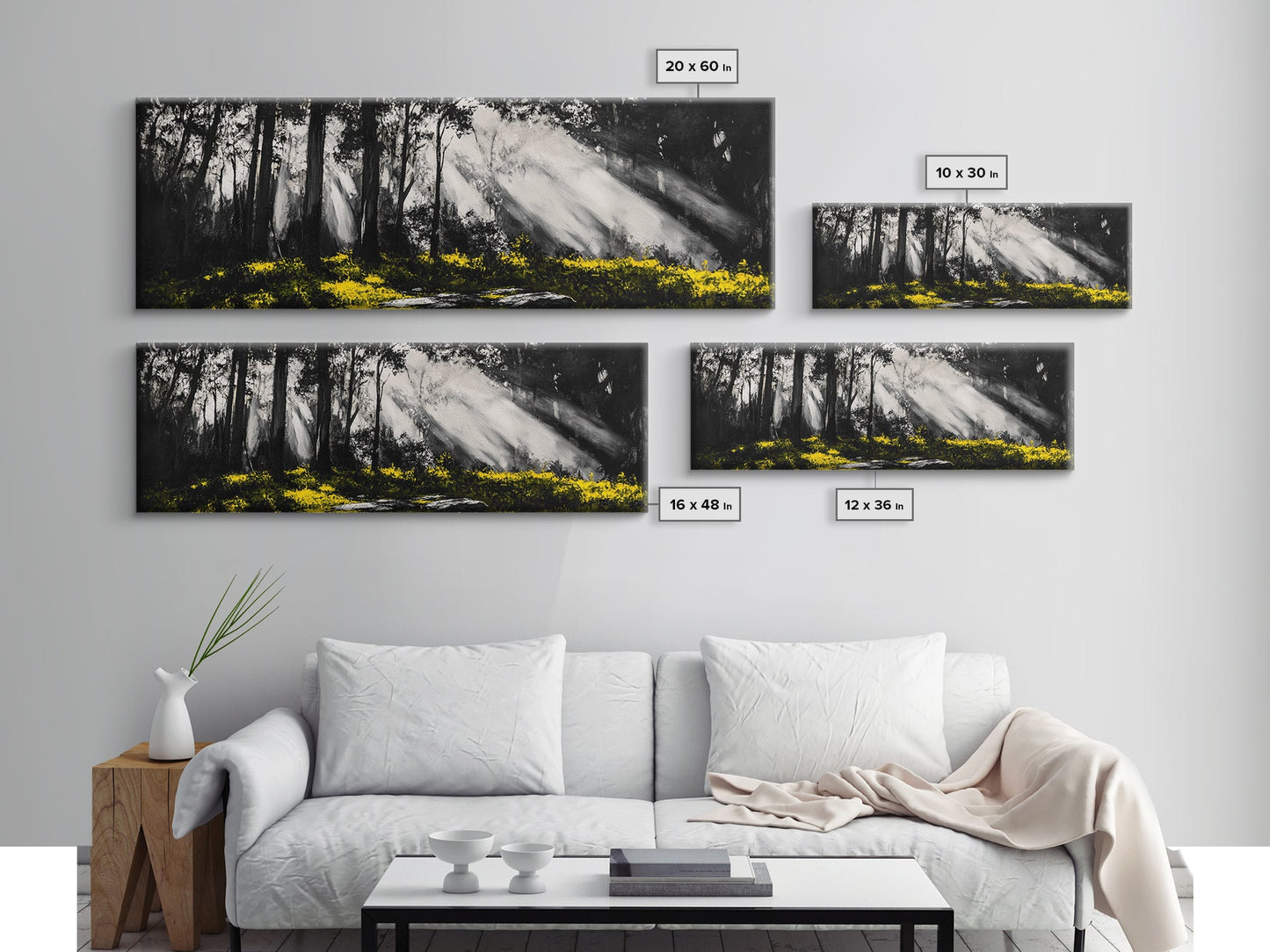 Sunbeam Forest Art, Black and White Painting, Abstract Landscape, Rustic Home Decor, Mystical Woods Artwork, Living Room Wall Art, Canvas Print