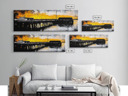 Sunset Pier, Coastal Wall Art, Nautical Art, Framed Canvas Print, Rustic Wall Decor, Boho Art, Living Room Art, Boat Painting