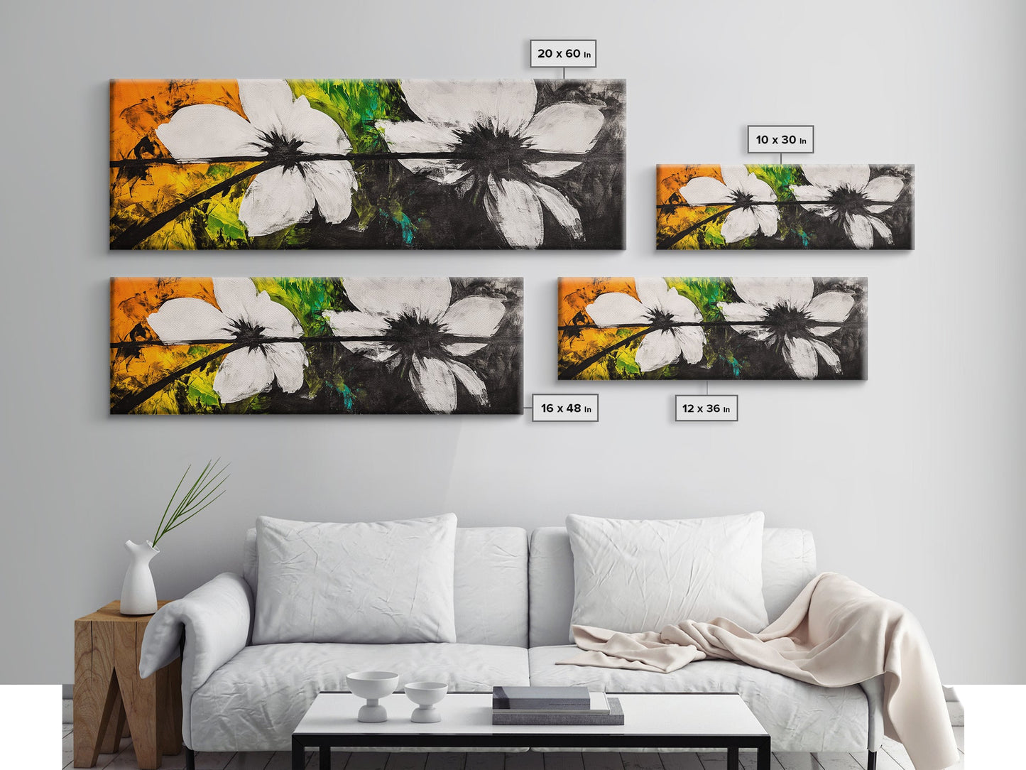 Floral Art, Black and White Flowers, Modern Botanical Art, Framed Canvas Print, Minimalist Wall Art, Bedroom Decor